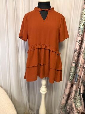 🍂 Entro Rust Orange Tiered Ruffle Tunic Small Boho Fall 🍂
